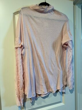 Free People Pale Pink Long Sleeve Ruffle Neck Top